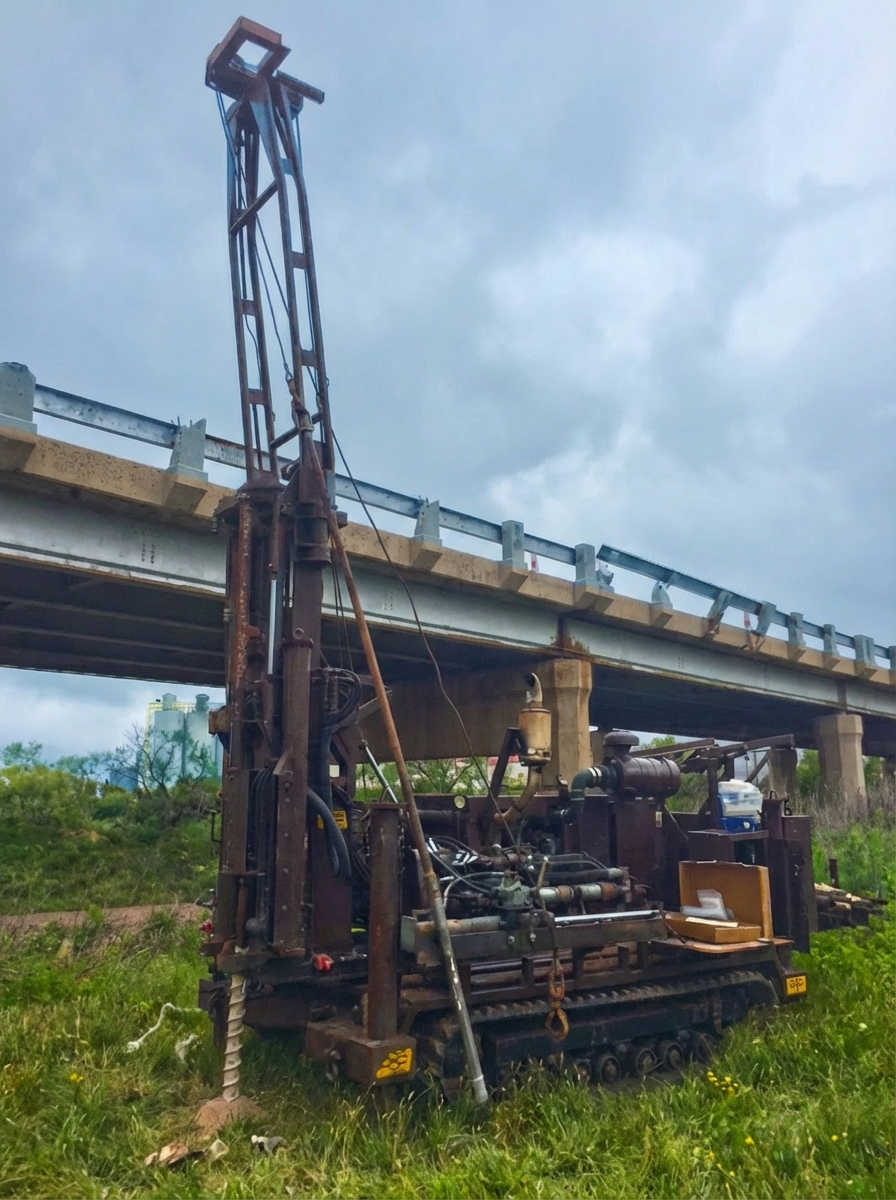 Two CME 55LC drill rigs positioned near a concrete bridge for geotechnical work